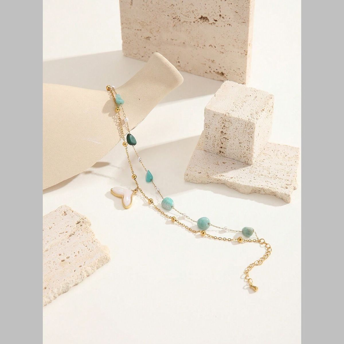 Dual Link Chain Mother Of Pearl Turquish Green Beads 18K Gold Stainless Steel Anti Tarnish Single Anklet For Women