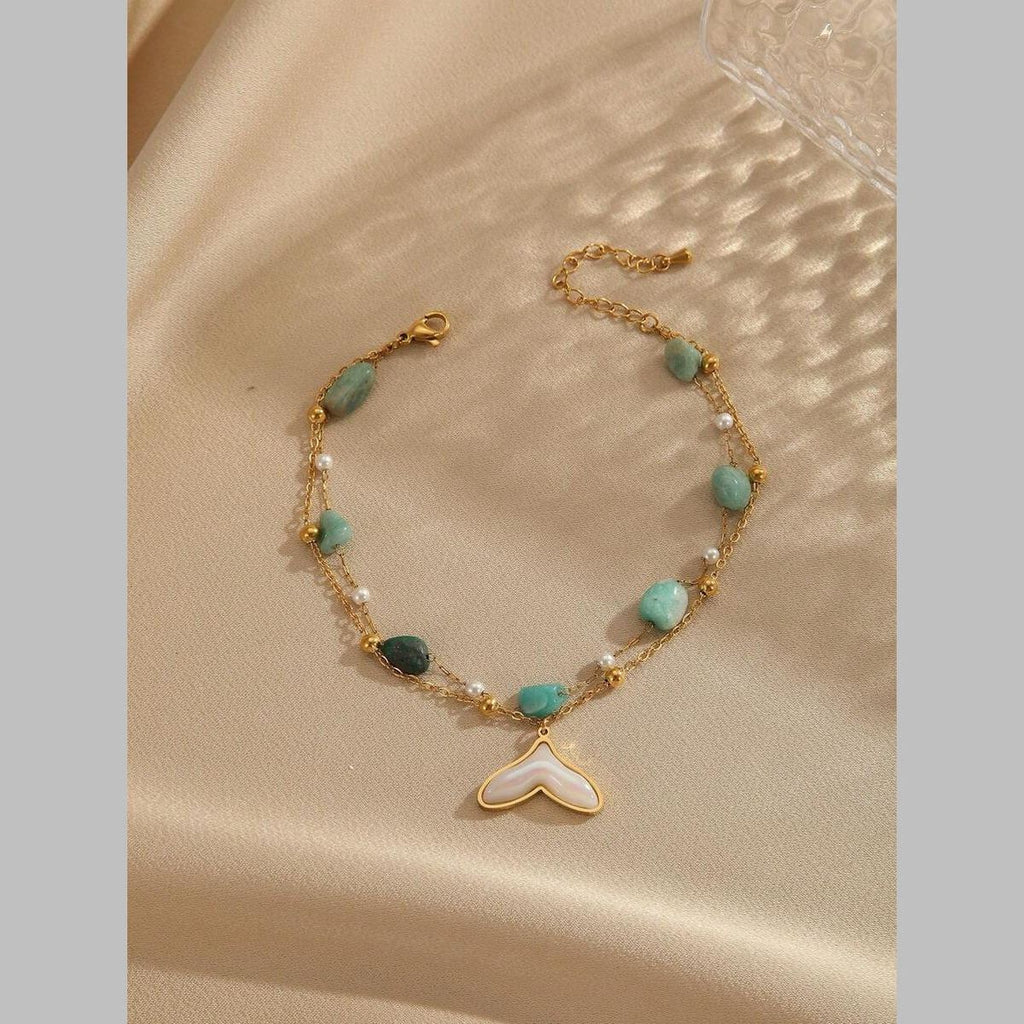 Dual Link Chain Mother Of Pearl Turquish Green Beads 18K Gold Stainless Steel Anti Tarnish Single Anklet For Women