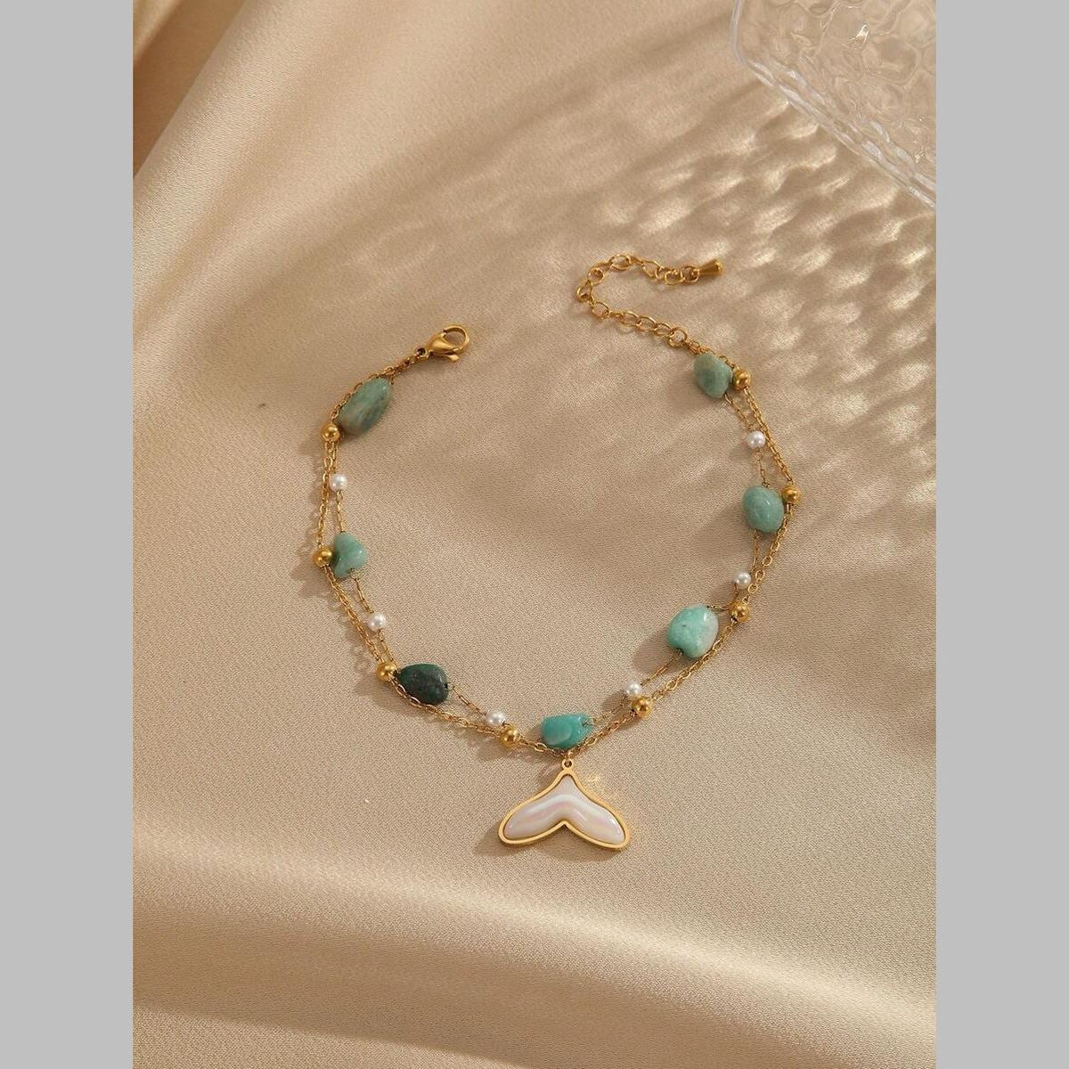 Dual Link Chain Mother Of Pearl Turquish Green Beads 18K Gold Stainless Steel Anti Tarnish Single Anklet For Women