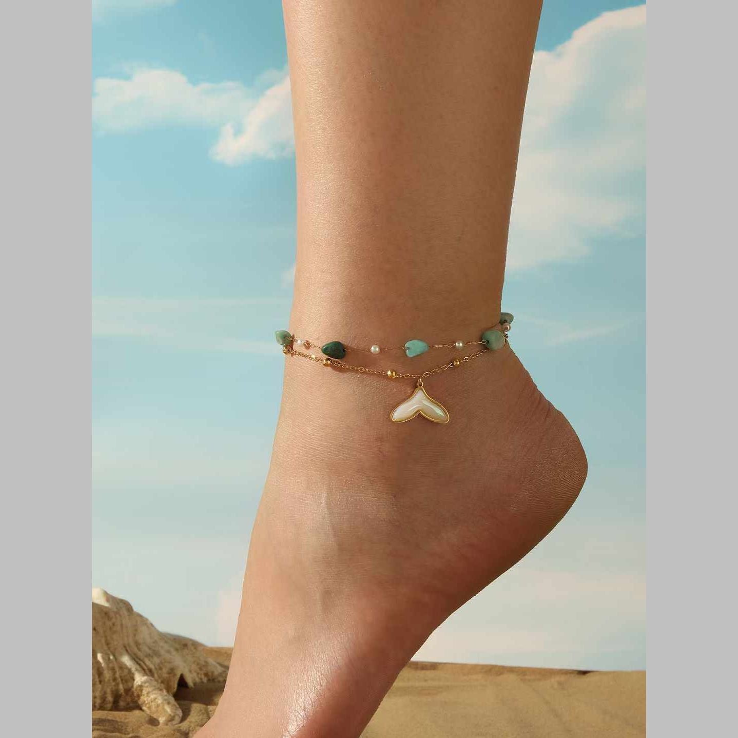 Dual Link Chain Mother Of Pearl Turquish Green Beads 18K Gold Stainless Steel Anti Tarnish Single Anklet For Women Main image