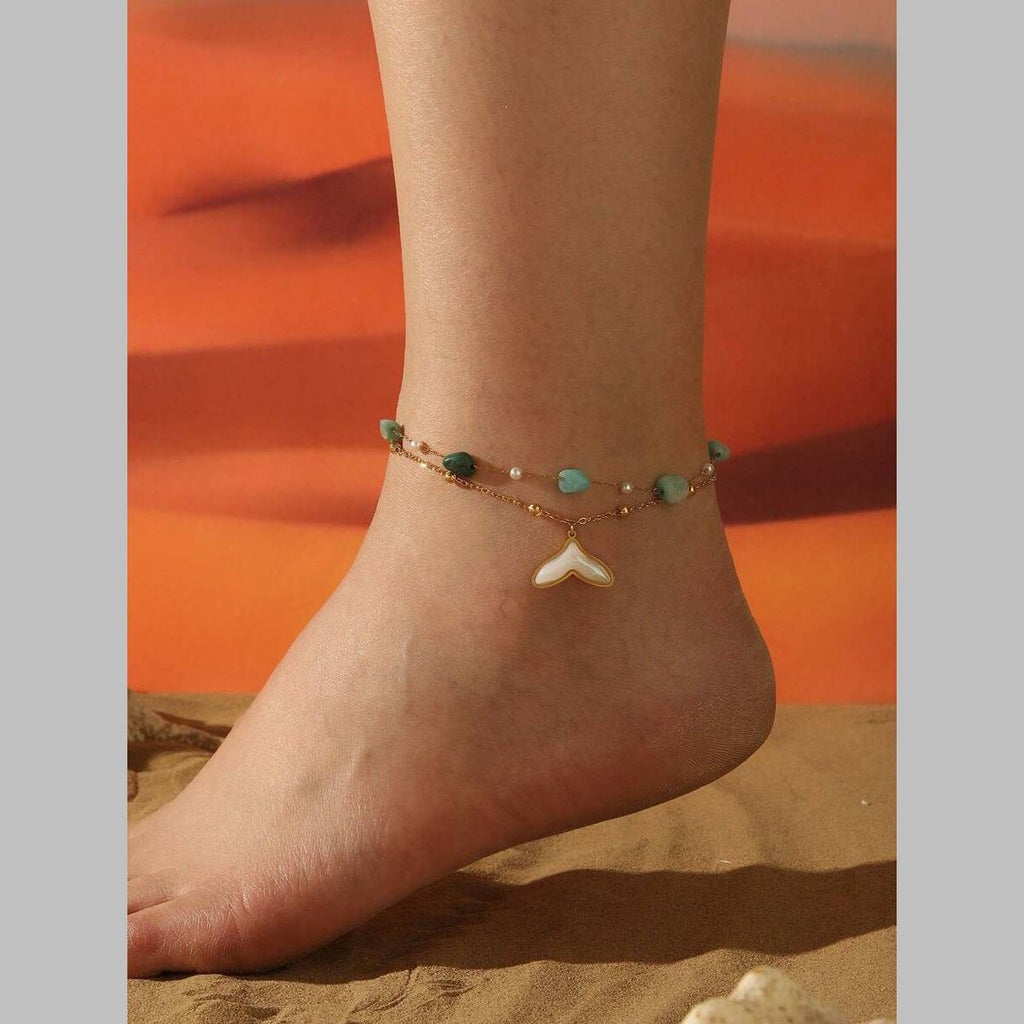 Dual Link Chain Mother Of Pearl Turquish Green Beads 18K Gold Stainless Steel Anti Tarnish Single Anklet For Women
