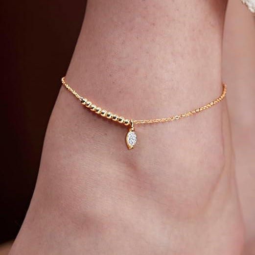 Minimal Leaf Charm Rose Silver Gold CZ Anti Tarnish Brass Anklets Bulk