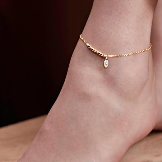 Minimal Leaf Charm Rose Silver Gold CZ Anti Tarnish Brass Anklets Bulk