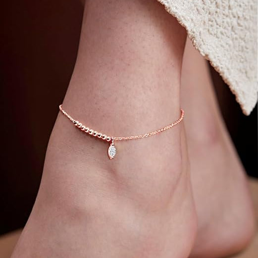 Minimal Leaf Charm Rose Silver Gold CZ Anti Tarnish Brass Anklets Bulk