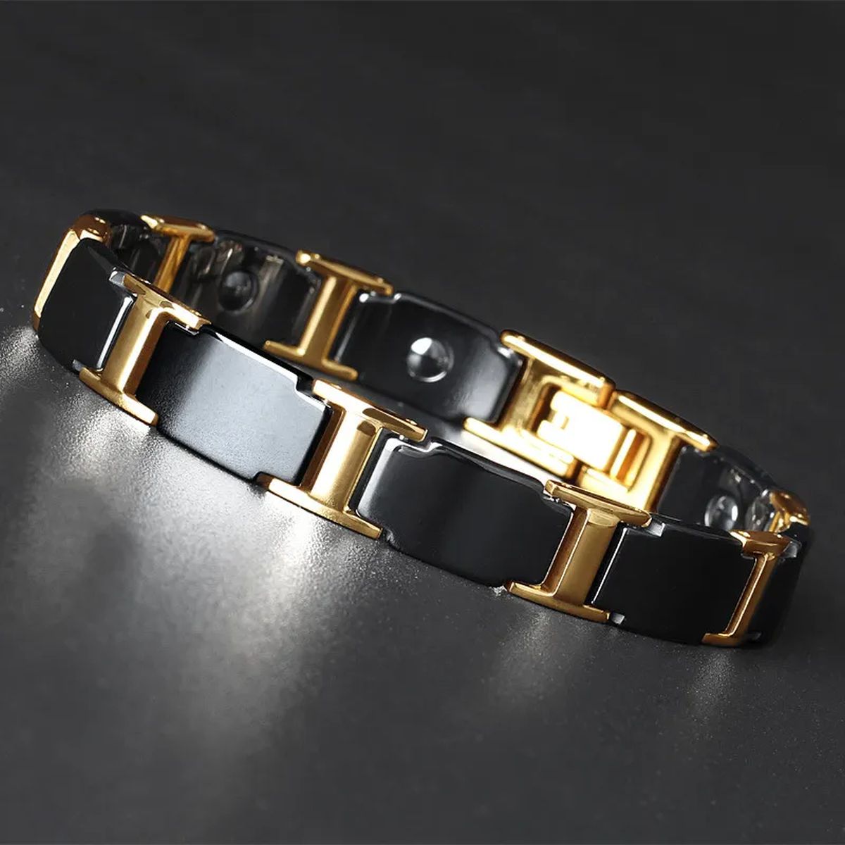 Gold Tungsten Carbide Black Glossy Ceramic Bio Magnetic Bracelet Bulk