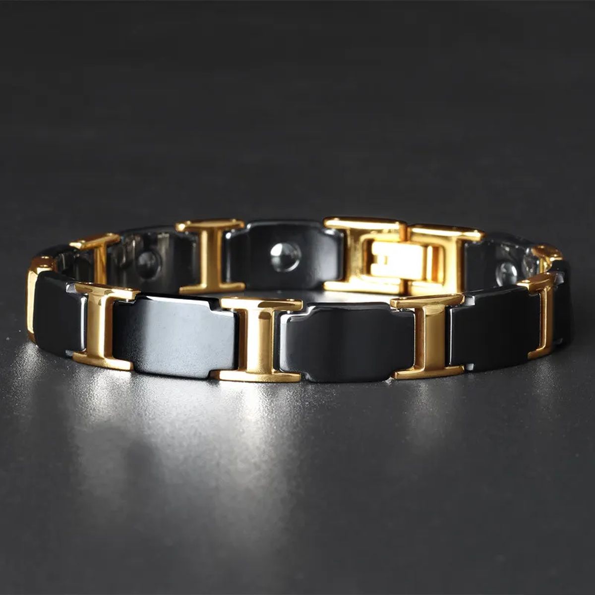 Gold Tungsten Carbide Black Glossy Ceramic Bio Magnetic Bracelet Bulk Main image