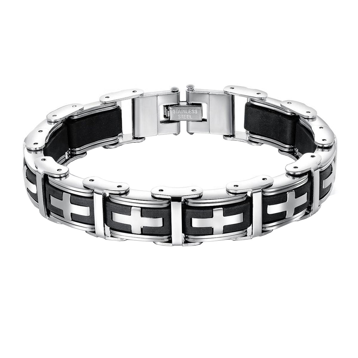 3D Cross Biker Black Silver Surgical Stainless Steel Bracelet Men Bulk