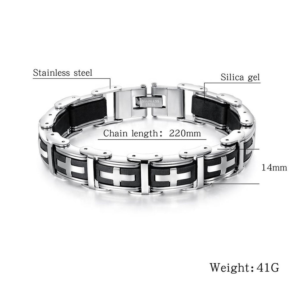 3D Cross Biker Black Silver Surgical Stainless Steel Bracelet Men Bulk
