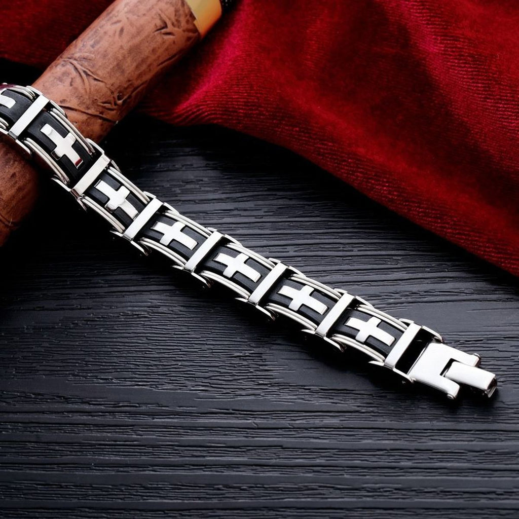 3D Cross Biker Black Silver Surgical Stainless Steel Bracelet Men Bulk