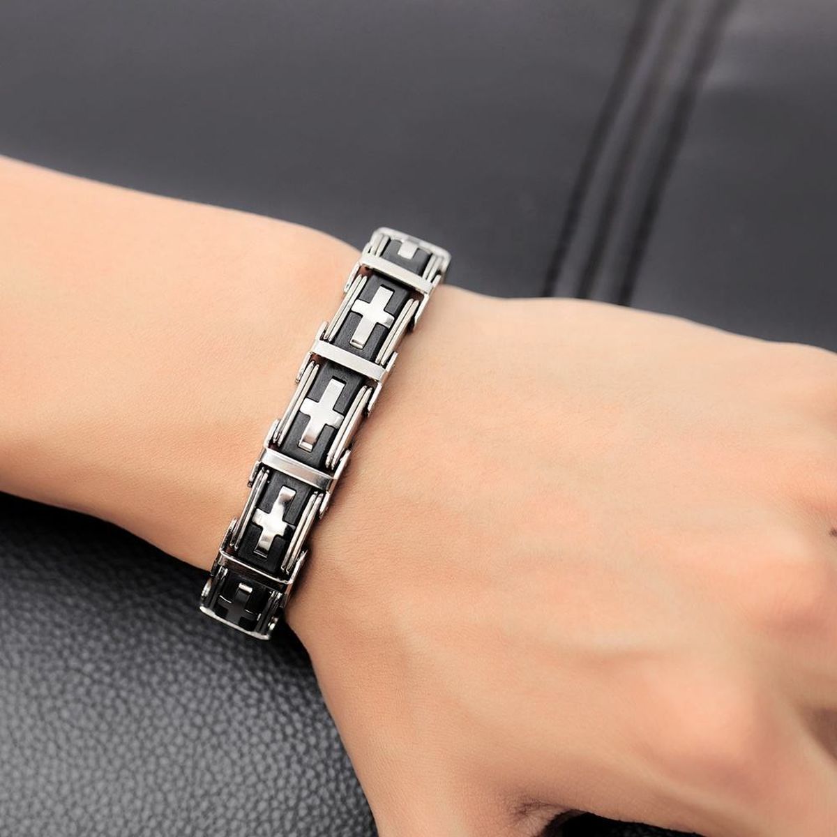 3D Cross Biker Black Silver Surgical Stainless Steel Bracelet Men Bulk Secondary image