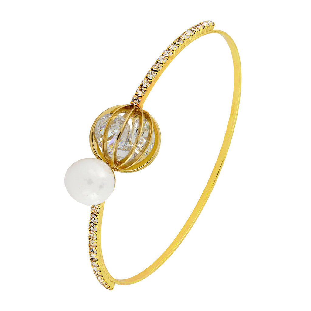 Delicate 18K Gold Brass Crystal Pearl Bangle Kada Bracelet For Women