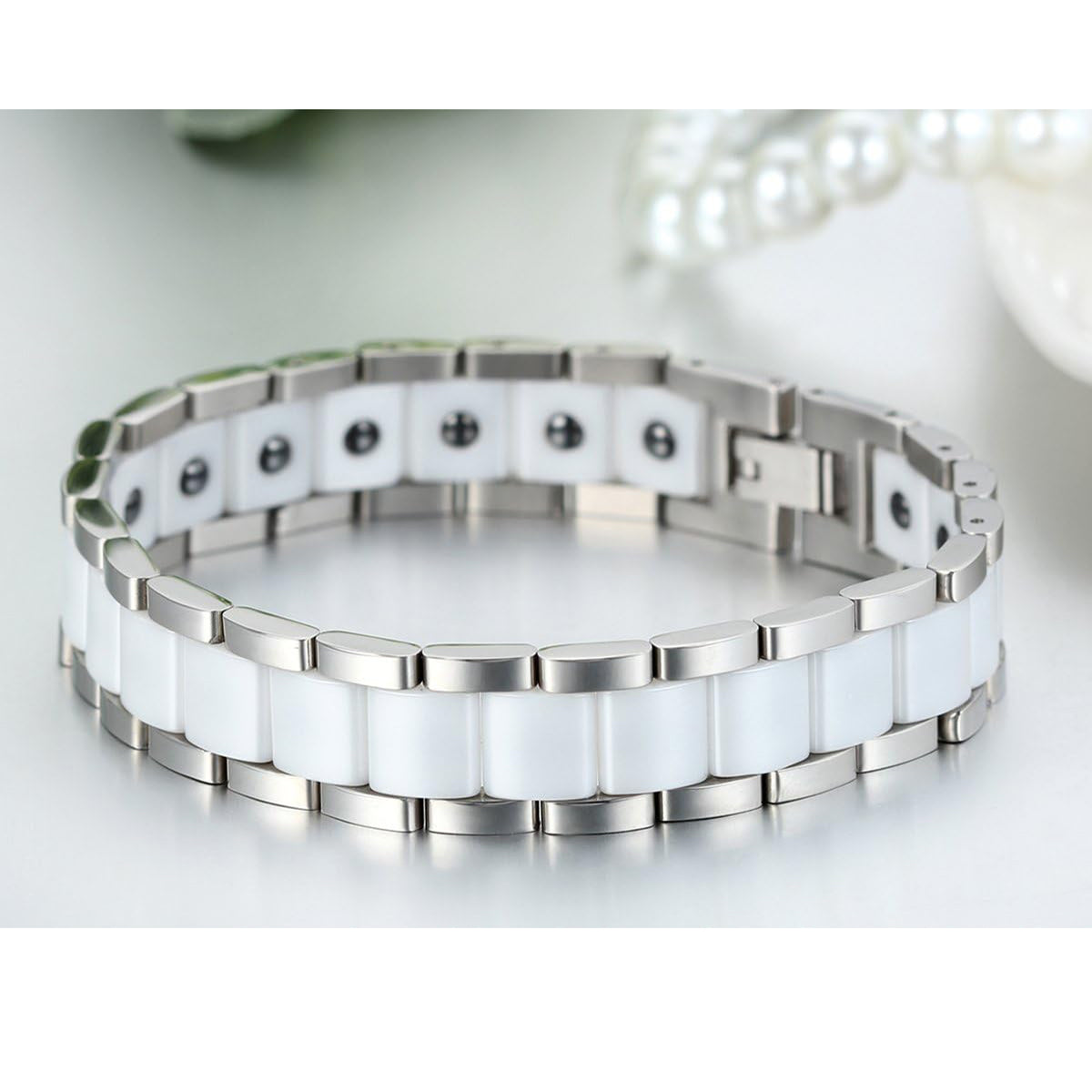 White Ceramic Silver 316L Stainless Steel Magnetic Bracelet Men Bulk