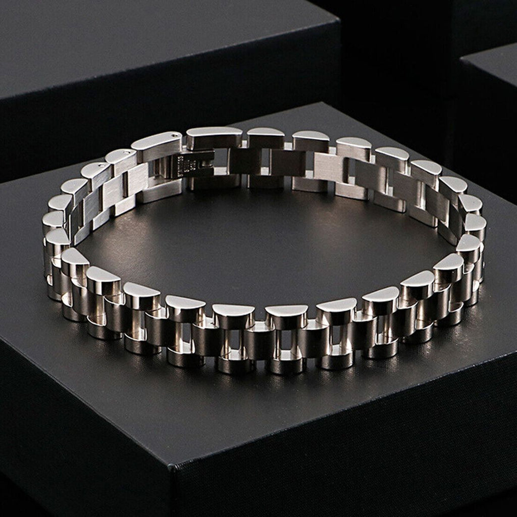 Watch Style Glossy Silver 316L Stainless Steel Bracelet For Men Bulk