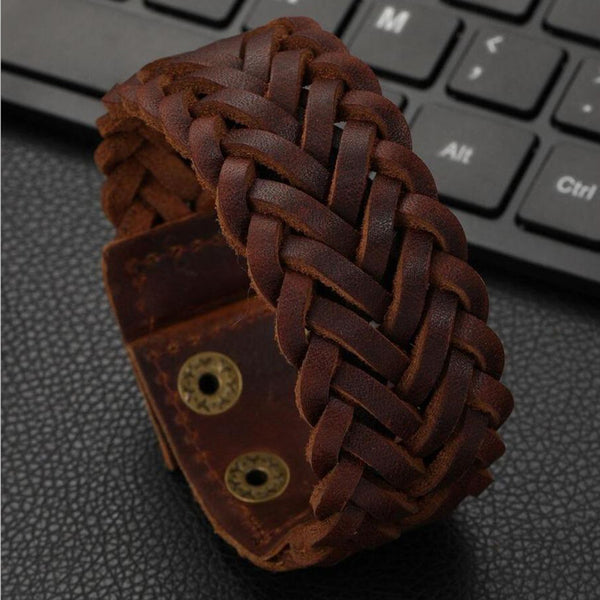 Braided Biker Funky Handcrafted Brown Leather Wrist Band Bracelet Main image