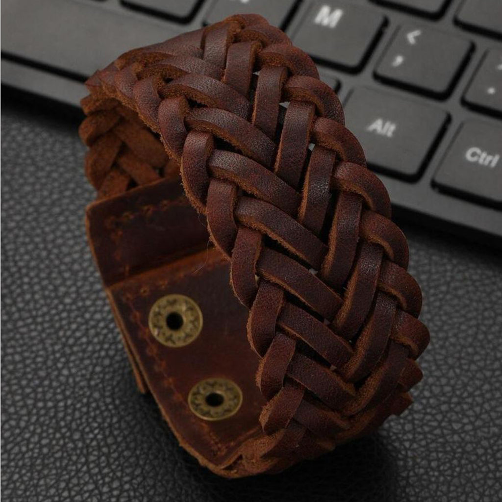 Braided Biker Funky Handcrafted Brown Leather Wrist Band Bracelet