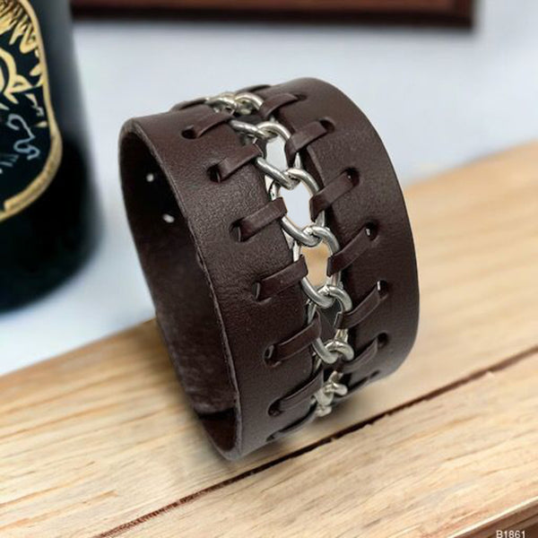 Casual Chain Dark Brown Handcrafted Leather Wrist Band Bracelet Bulk Main image