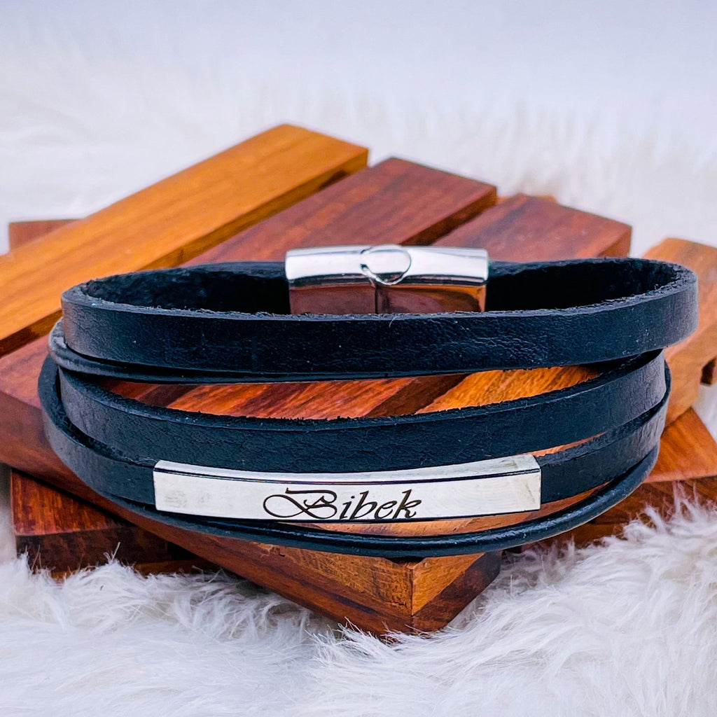 Multi-Layer Black Leather Wrist Wrap Band Strand Personalized Engraved Bracelet Men
