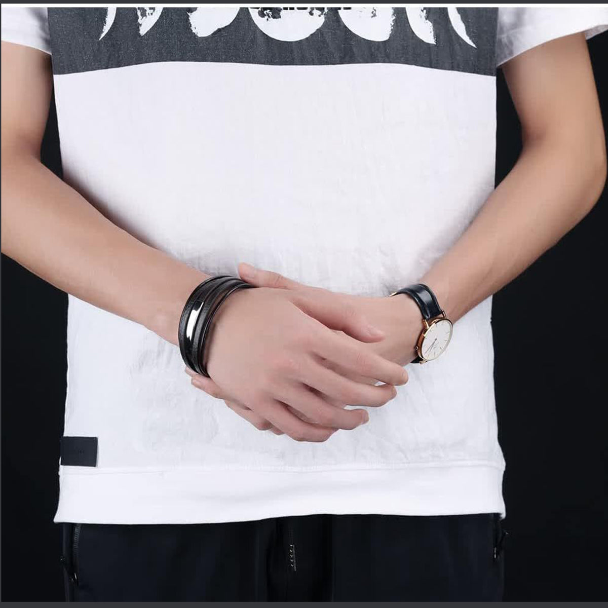 Multi-Layer Black Leather Wrist Wrap Band Strand Bracelet Bulk Secondary image