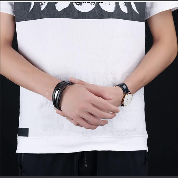 Multi-Layer Black Leather Wrist Wrap Band Strand Bracelet Bulk Secondary image