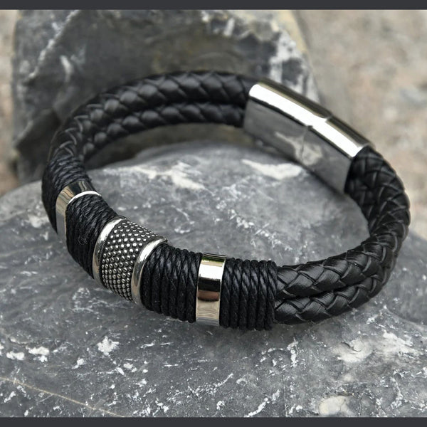 Rope Black Leather 316L Stainless Steel Wrist Band Strap Bracelet Bulk Main image