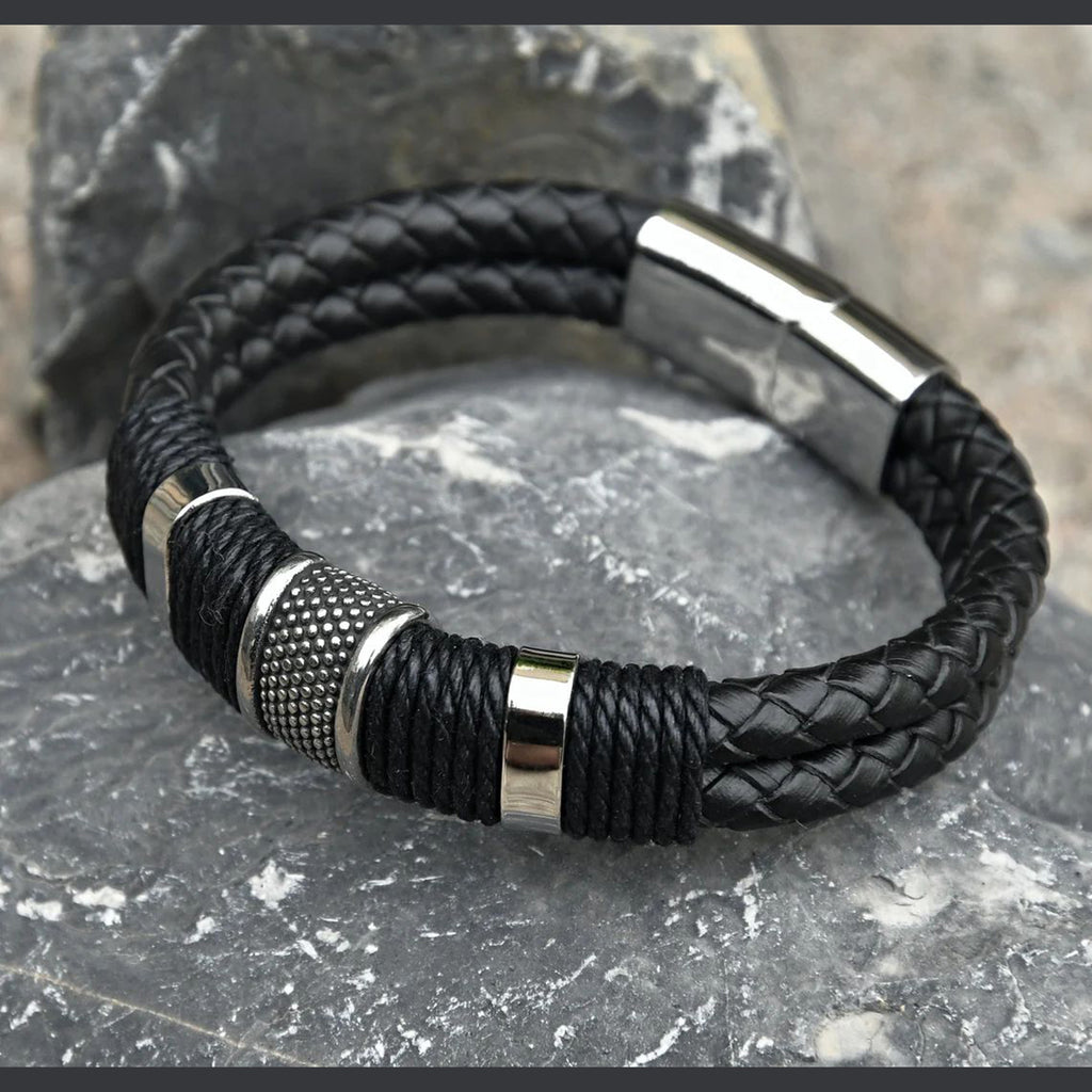Rope Black Leather 316L Stainless Steel Wrist Band Strap Bracelet Bulk