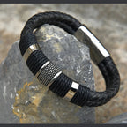 Rope Black Leather 316L Stainless Steel Wrist Band Strap Bracelet Bulk