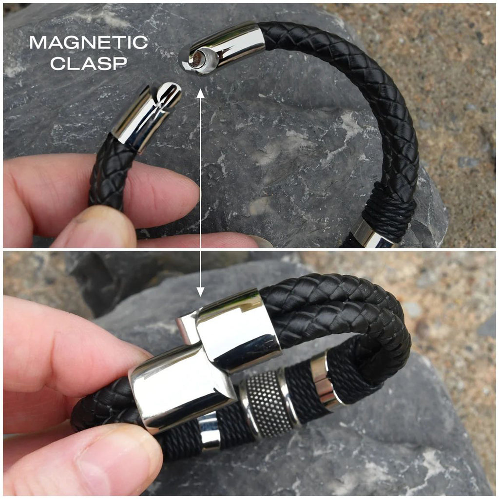 Rope Black Leather 316L Stainless Steel Wrist Band Strap Bracelet Bulk
