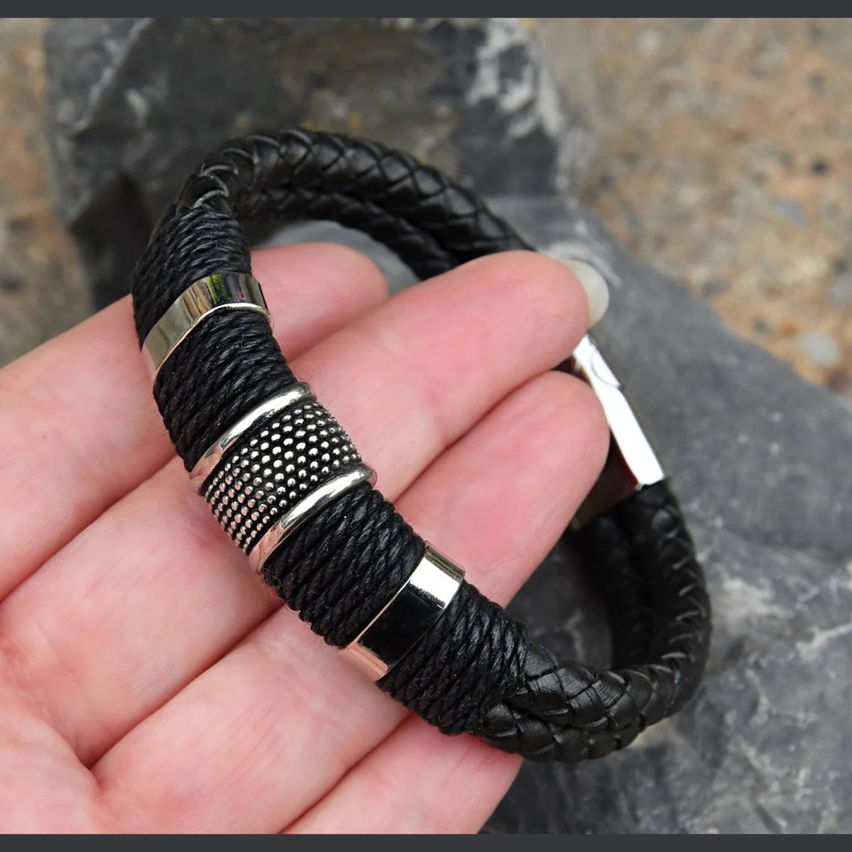 Rope Black Leather 316L Stainless Steel Wrist Band Strap Bracelet Bulk