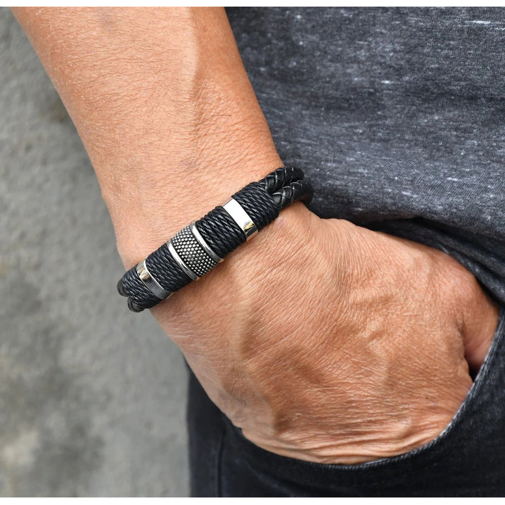 Rope Black Leather 316L Stainless Steel Wrist Band Strap Bracelet Bulk