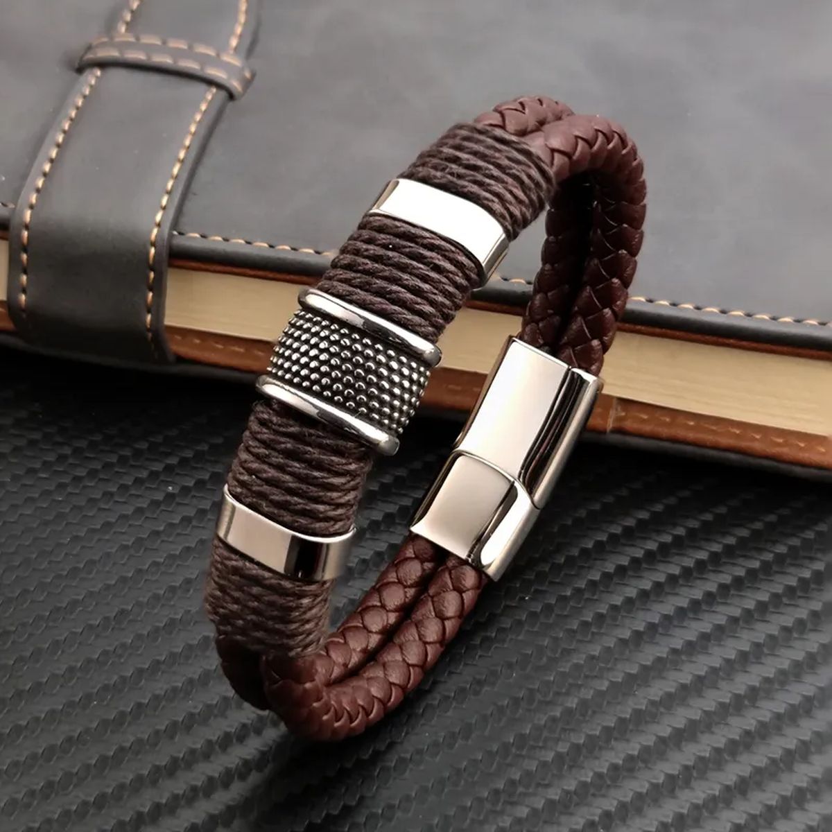 Rope Braided Brown Leather Stainless Steel Wrist Band Bracelet Bulk Main image