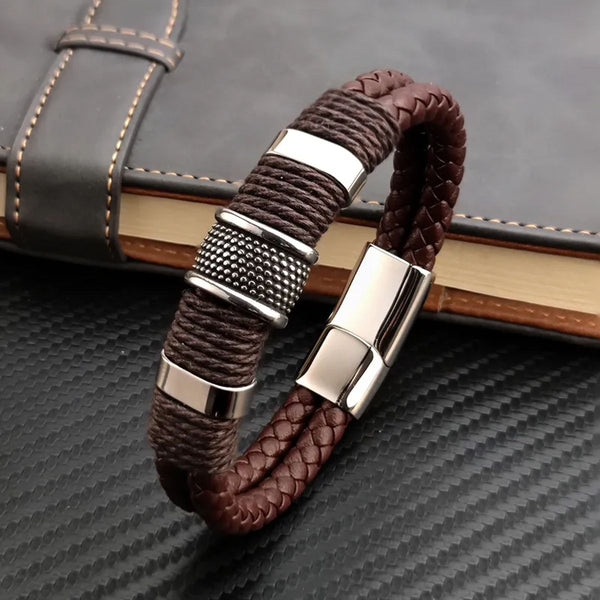 Rope Braided Brown Leather Stainless Steel Wrist Band Bracelet Bulk Main image