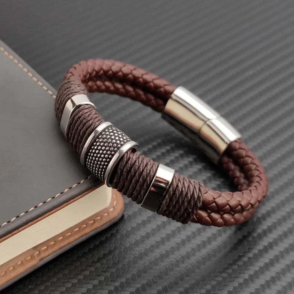 Rope Braided Brown Leather Stainless Steel Wrist Band Bracelet Bulk