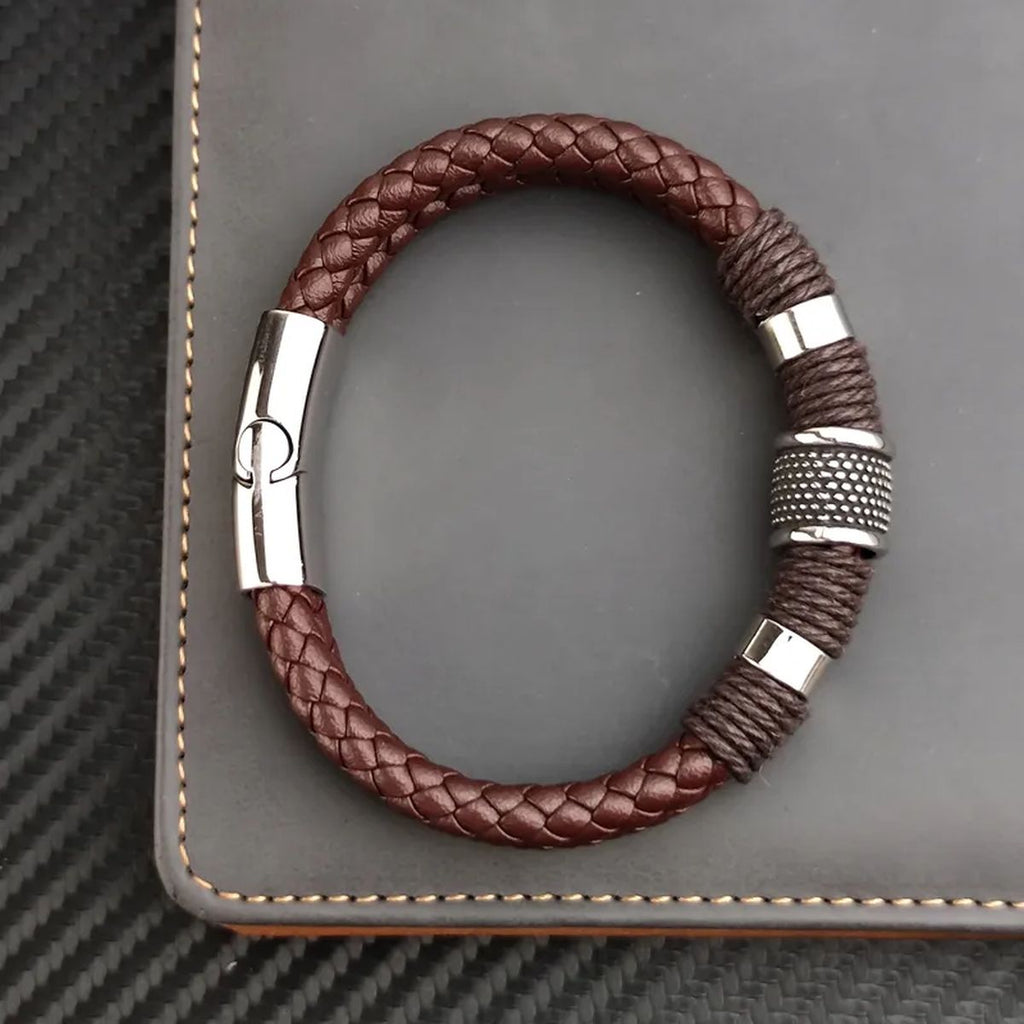 Rope Braided Brown Leather Stainless Steel Wrist Band Bracelet Bulk