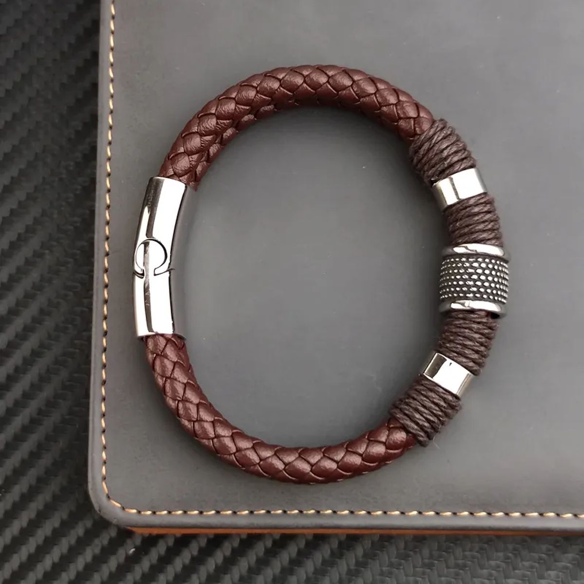 Rope Braided Brown Leather Stainless Steel Wrist Band Bracelet Bulk