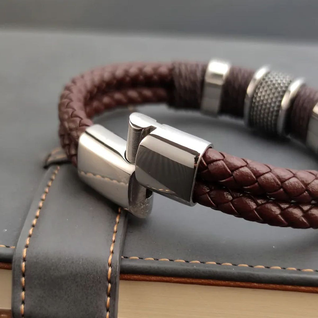 Rope Braided Brown Leather Stainless Steel Wrist Band Bracelet Bulk