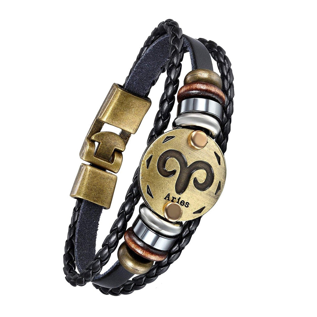 Luxury Vintage Zodiac Gold Plated Leather Bracelet For Men Wholesale
