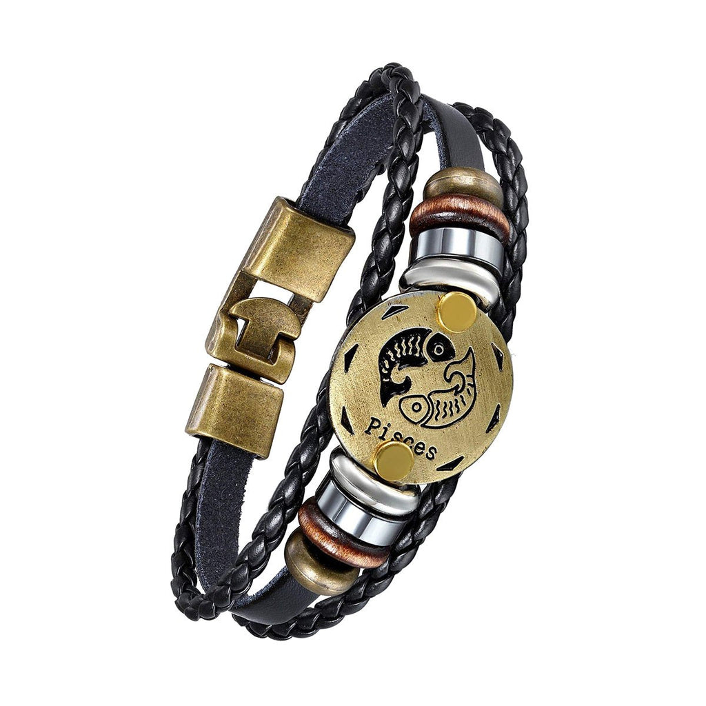 Luxury Vintage Zodiac Gold Plated Leather Bracelet For Men Wholesale