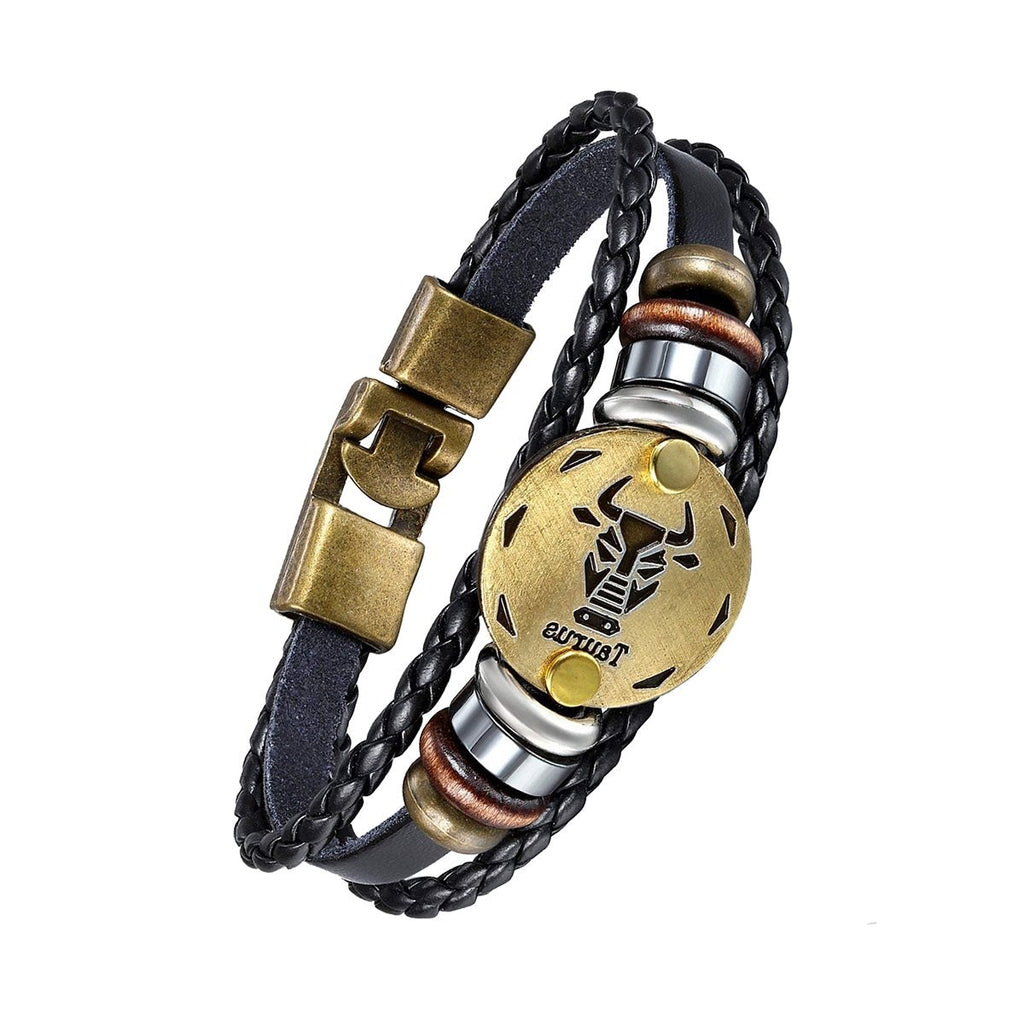 Luxury Vintage Zodiac Gold Plated Leather Bracelet For Men Wholesale