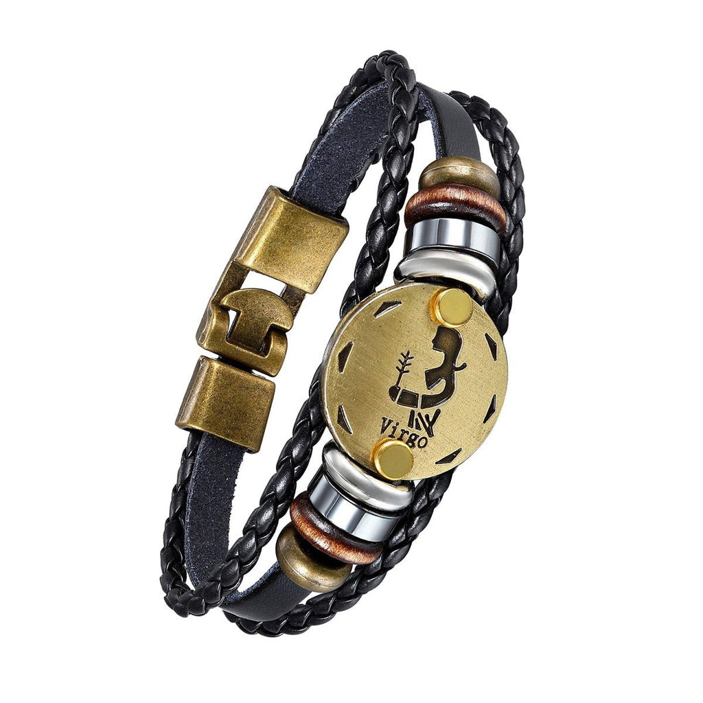 Luxury Vintage Zodiac Gold Plated Leather Bracelet For Men Wholesale