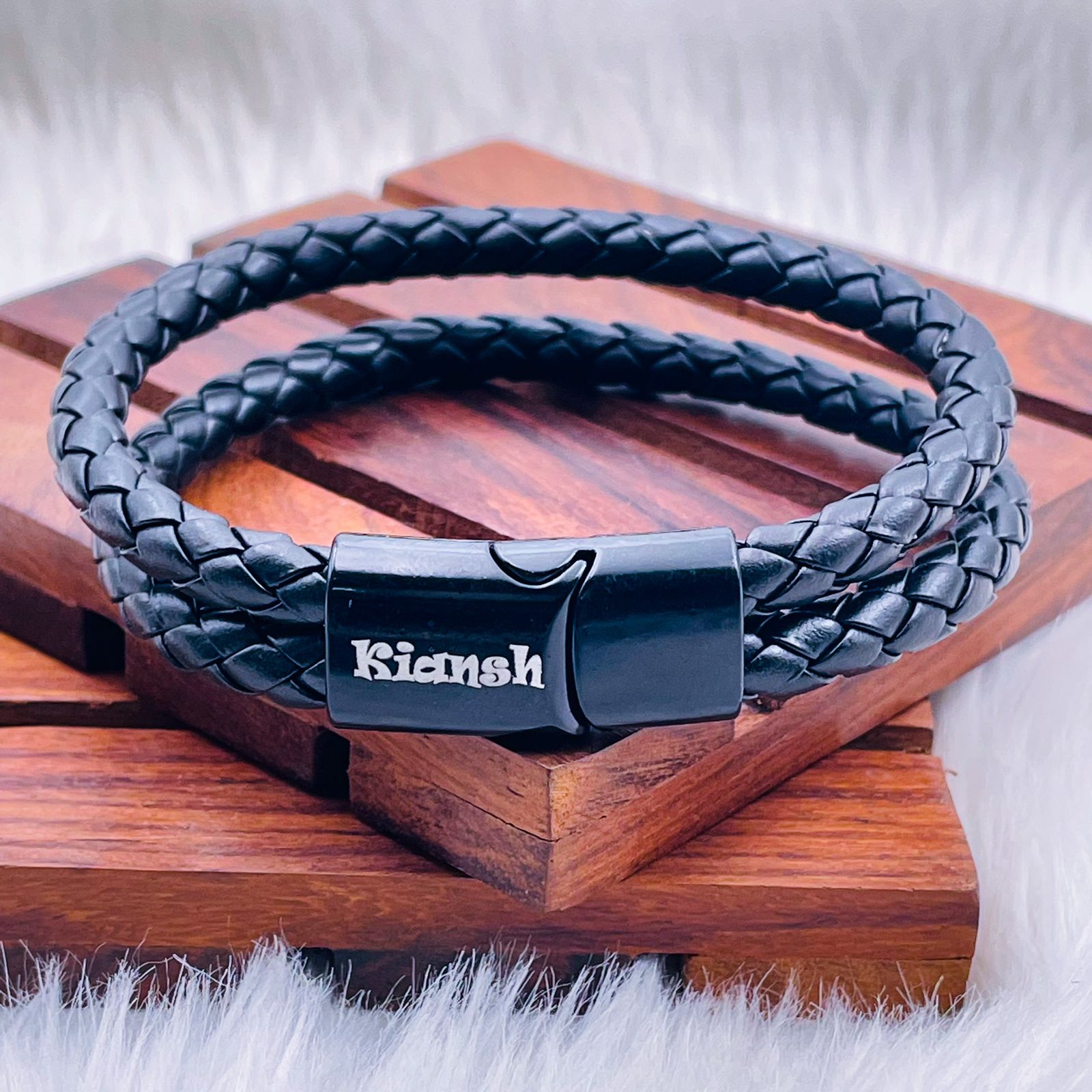 Two Layer Rope Black Braided Real Leather Wrist Band Strand Personalized Engraved Bracelet Men Main image