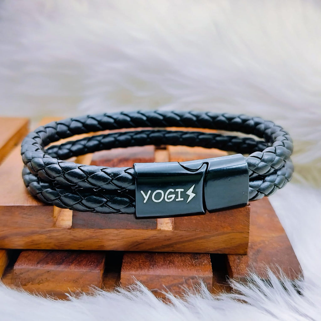 Two Layer Rope Black Braided Real Leather Wrist Band Strand Personalized Engraved Bracelet Men