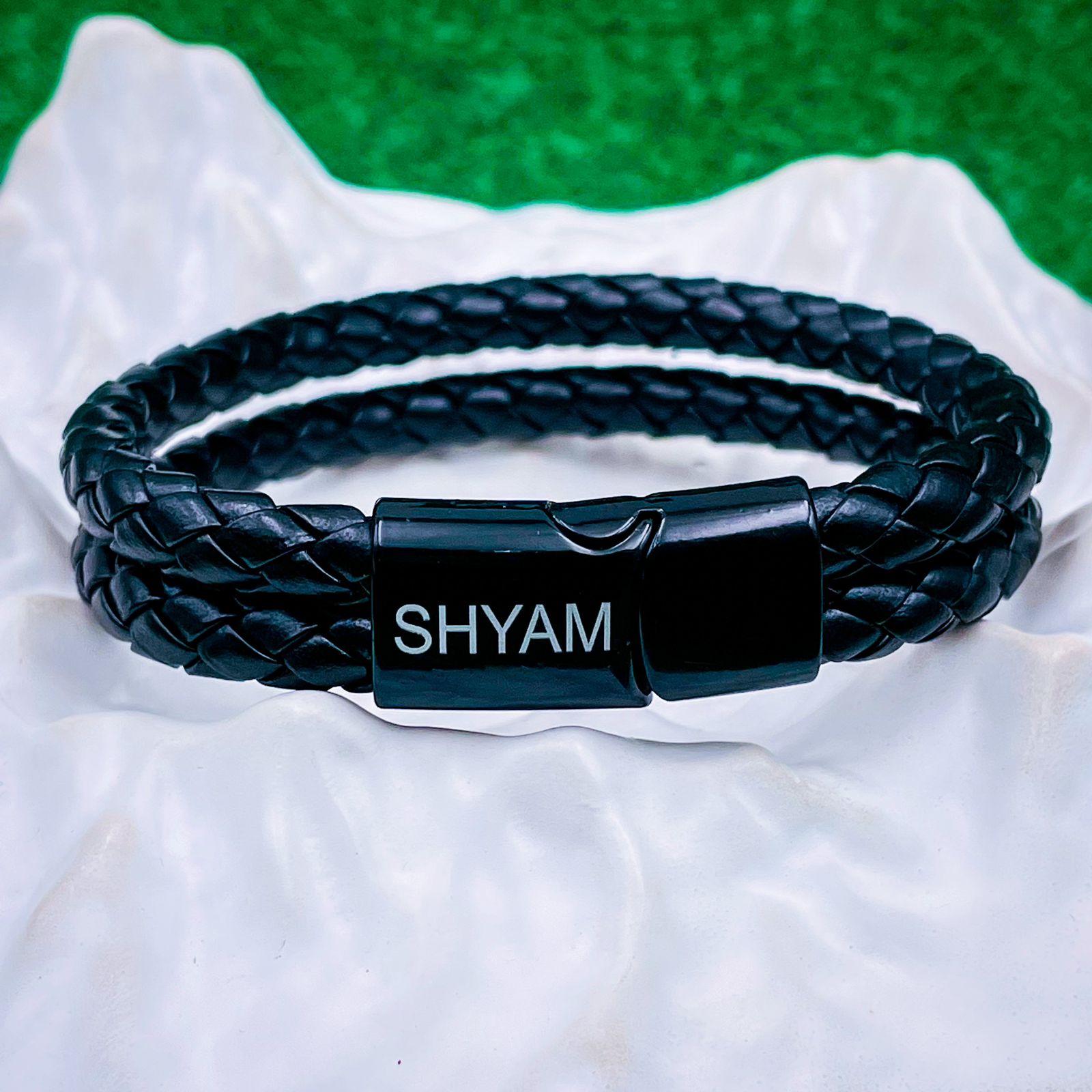Two Layer Rope Black Braided Real Leather Wrist Band Strand Personalized Engraved Bracelet Men