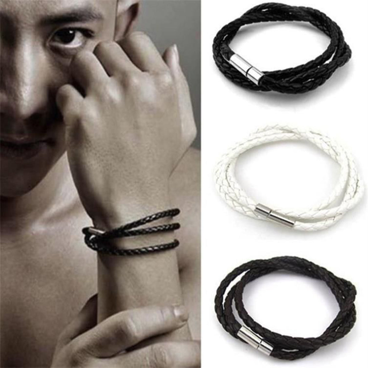 Rope Braided Crafted Black Leather Wrist Band Strand Bracelet Bulk