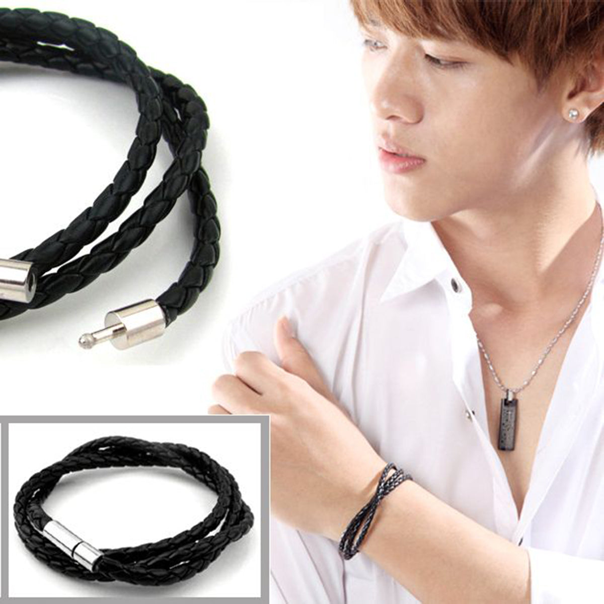 Rope Braided Crafted Black Leather Wrist Band Strand Bracelet Bulk Secondary image