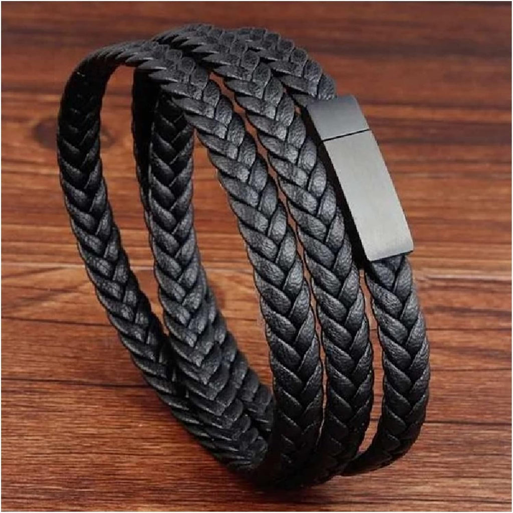 Braided Crafted Black Leather Wrist Band Multi Strand Bracelet Bulk