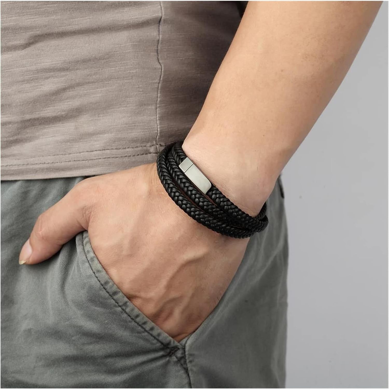 Braided Crafted Black Leather Wrist Band Multi Strand Bracelet Bulk