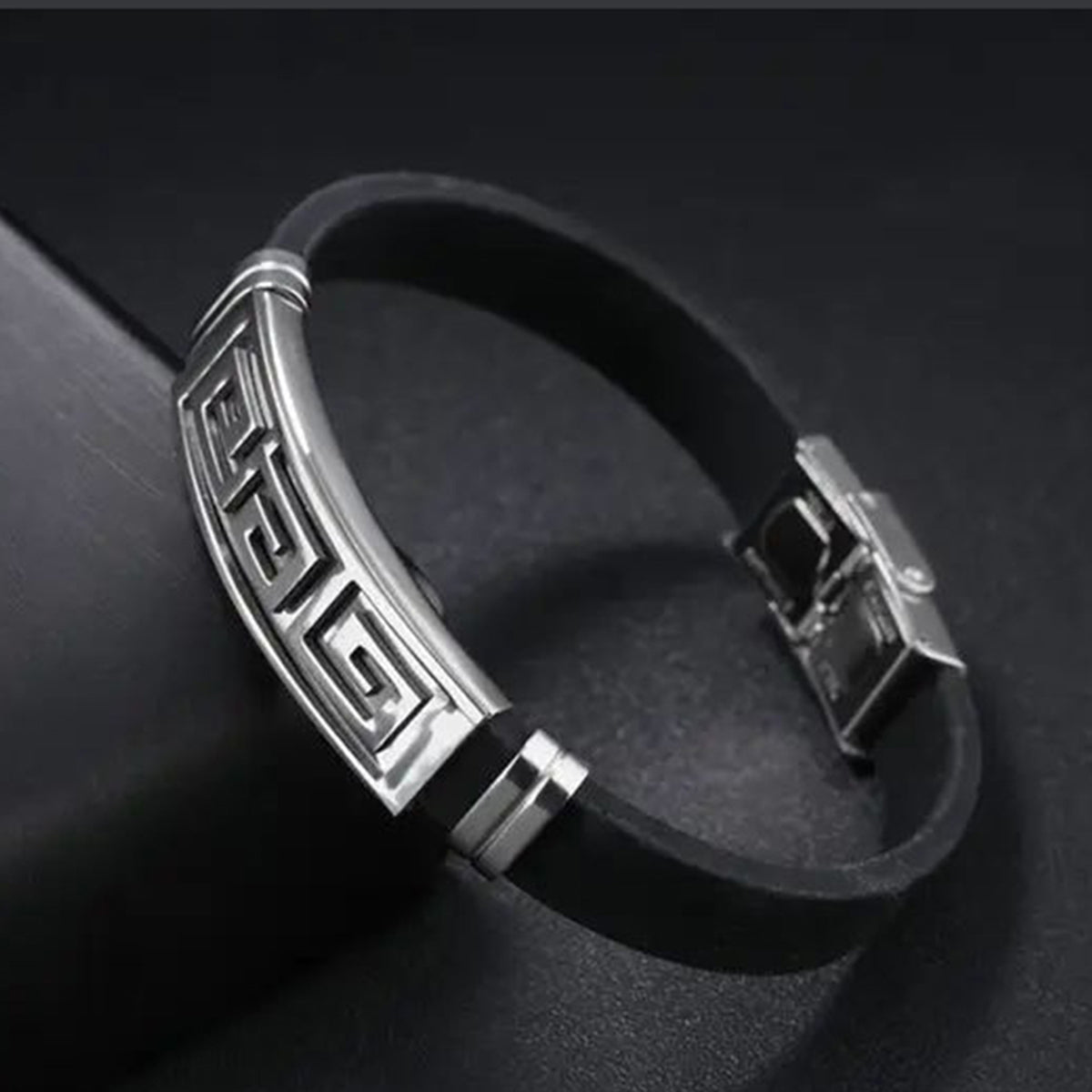 Silver Black Rubber Silicone Stainless Steel Wristband Bracelet Bulk Main image