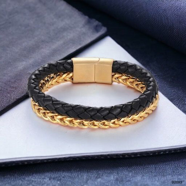 Two Layer Black Gold 316L Stainless Steel Leather Bracelet Men Bulk Main image