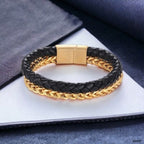 Two Layer Black Gold 316L Stainless Steel Leather Bracelet Men Bulk