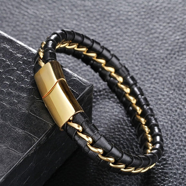 Black Braided Leather Gold Stainless Steel Bracelet For Men Bulk Main image